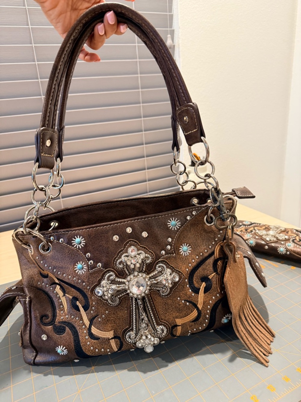 Embellished Western Cross Brown Shoulder Bag